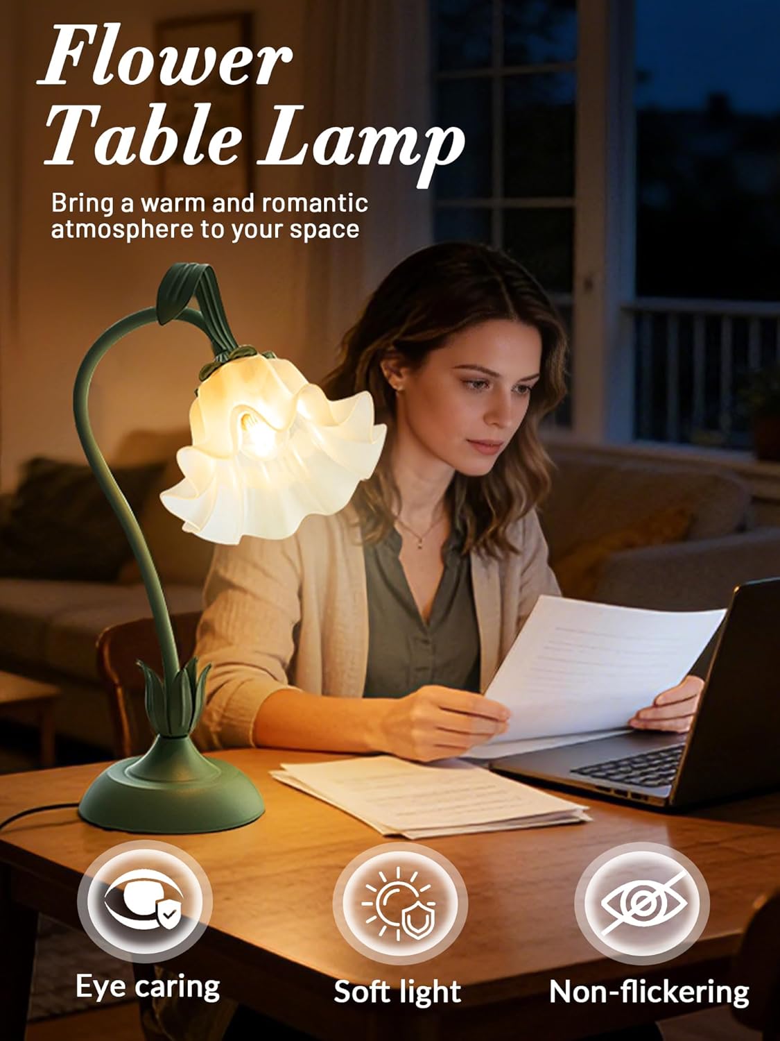 Flower Table Lamp Bedside Lamps LED Reading Light,3 Color Modes Cute Small Lamp,Vintage Flower Lamp Nightstand Lamp Kawaii Table Lamp for Bedroom Living Room Office Dorm Desk Home Decor(Green lamp)