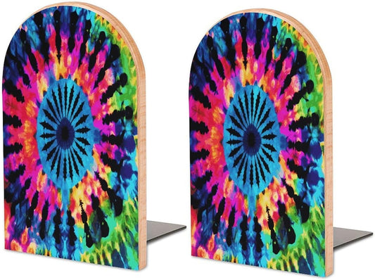 Non-Slip Bookend for Shelves Exotic Tribe Tie Dye Style Wooden Bookends with Metal Base Decorative Book Stopper for Home Heavy Duty Wood Book Storage for Books/CDs