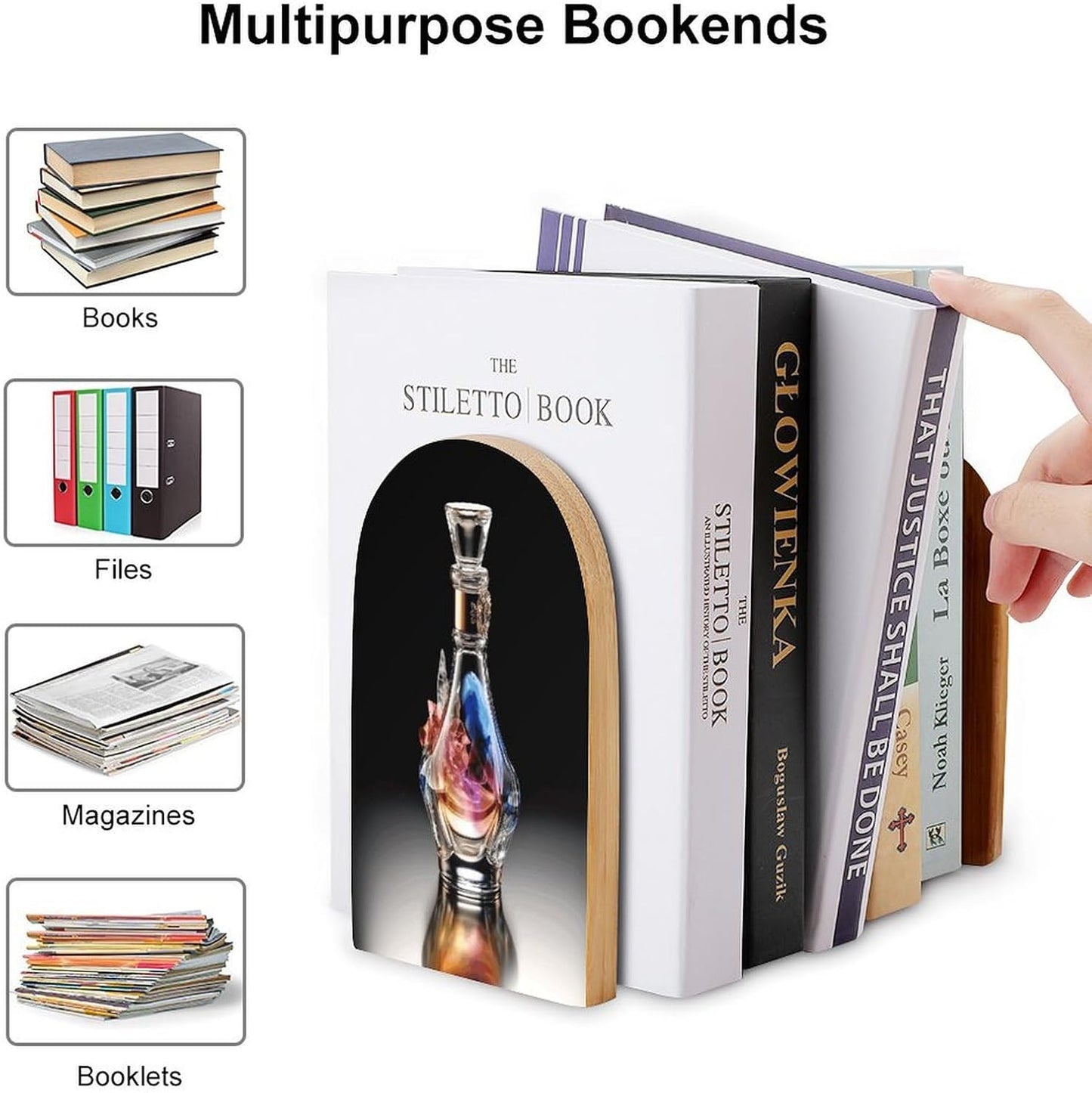 Perfume Bottle Bookend for Shelves Wooden Book End Large Size Sturdy Book Holders Stoppers with Metal Base for Bookshelves Slick Decorative Bookends Stands