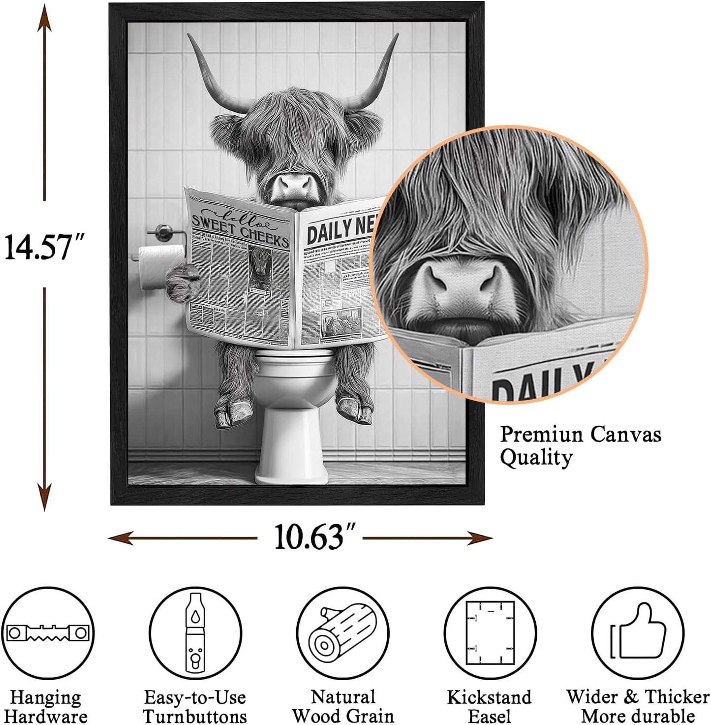 Ewozet Black and White Animal Framed Canvas Art Collection, Funny Bathroom & Home Wall Decor (Highland Cow Reading on the Toilet, 12x16 Inch)