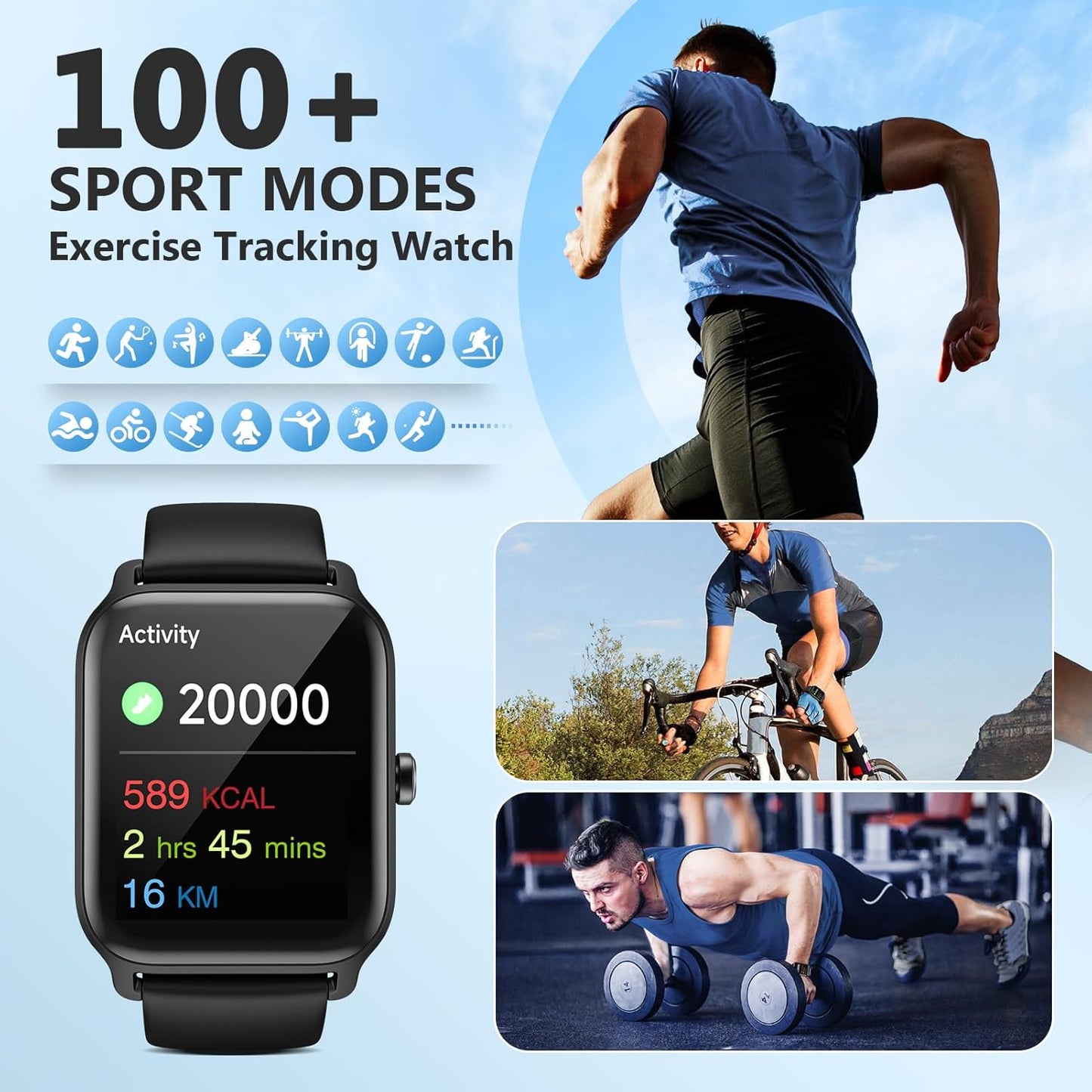Smart Watches for Women Men, 1.85” HD Touchscreen Fitness Tracker with Call & Message Alerts, 24/7 Heart Rate/Sleep Monitor,100+ Sport Modes, 2ATM Waterproof Smart Watch for Android iPhone (Black)