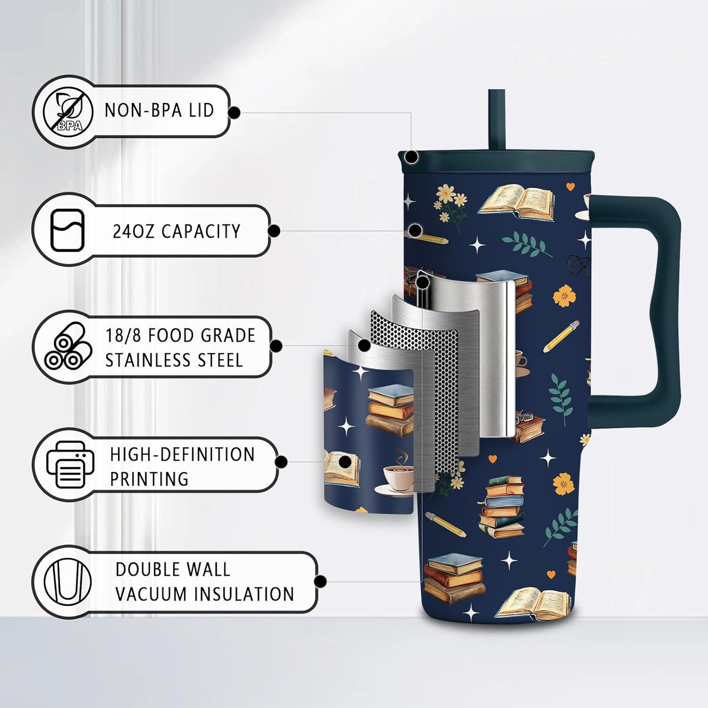 Stainless Steel Water Bottle for Women, Book Themed 24oz Stainless Steel Tumbler with Handle and Straw,Gifts for Family, Friends, Colleague