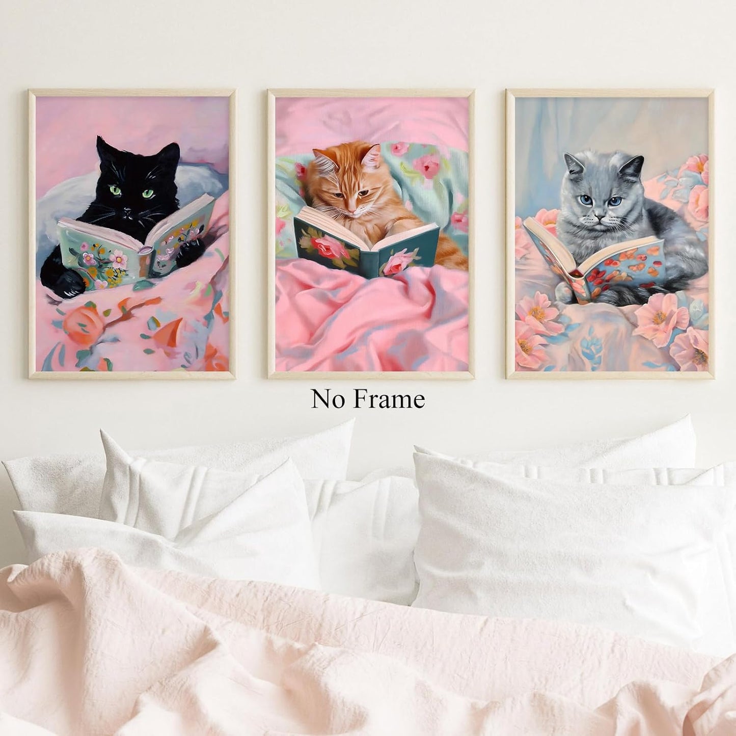 Cat Reading Book Poster Pink Cat Canvas Wall Art Funky Animal Art Prints Aesthetic Cute Paintings Animals Reading Books Wall Art Funny Pink Pictures Cute Trendy Funny Wall Print for Room 16x24in No Frame