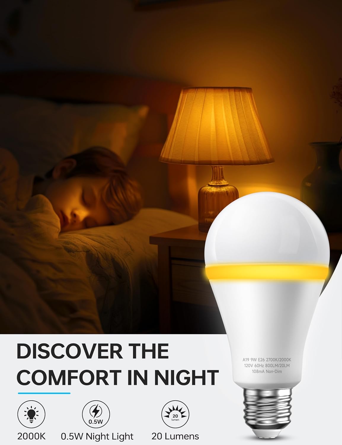 KINDEEP Sleep Night Light Bulbs: E26 Blue Light Blocking Dim Bulbs with 2 Modes, 0.5W Amber Lights with 20lm 2000K, 9W Equivalent 60W, 800lm 2700K, Ideal for Lamp, Bedroom, Sleep & Nursery, 2 Pack