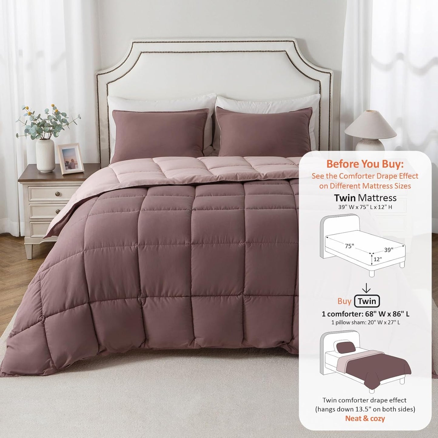 KASENTEX Twin/Twin XL Comforter Set – Reversible Dual Color – Goose Down Alternative – Ultra-Soft, Lightweight, Machine Washable, Maintain Fluffiness, All Season Warmth (Twilight Mauve/Pale Mauve)