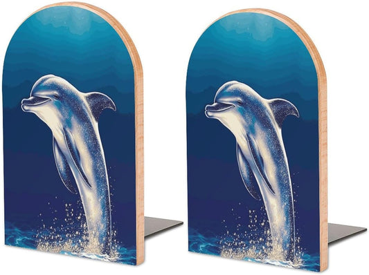 Non-Slip Bookend for Shelves Glitter Dolphin Wooden Bookends with Metal Base Decorative Book Stopper for Home Heavy Duty Wood Book Storage for Books/CDs