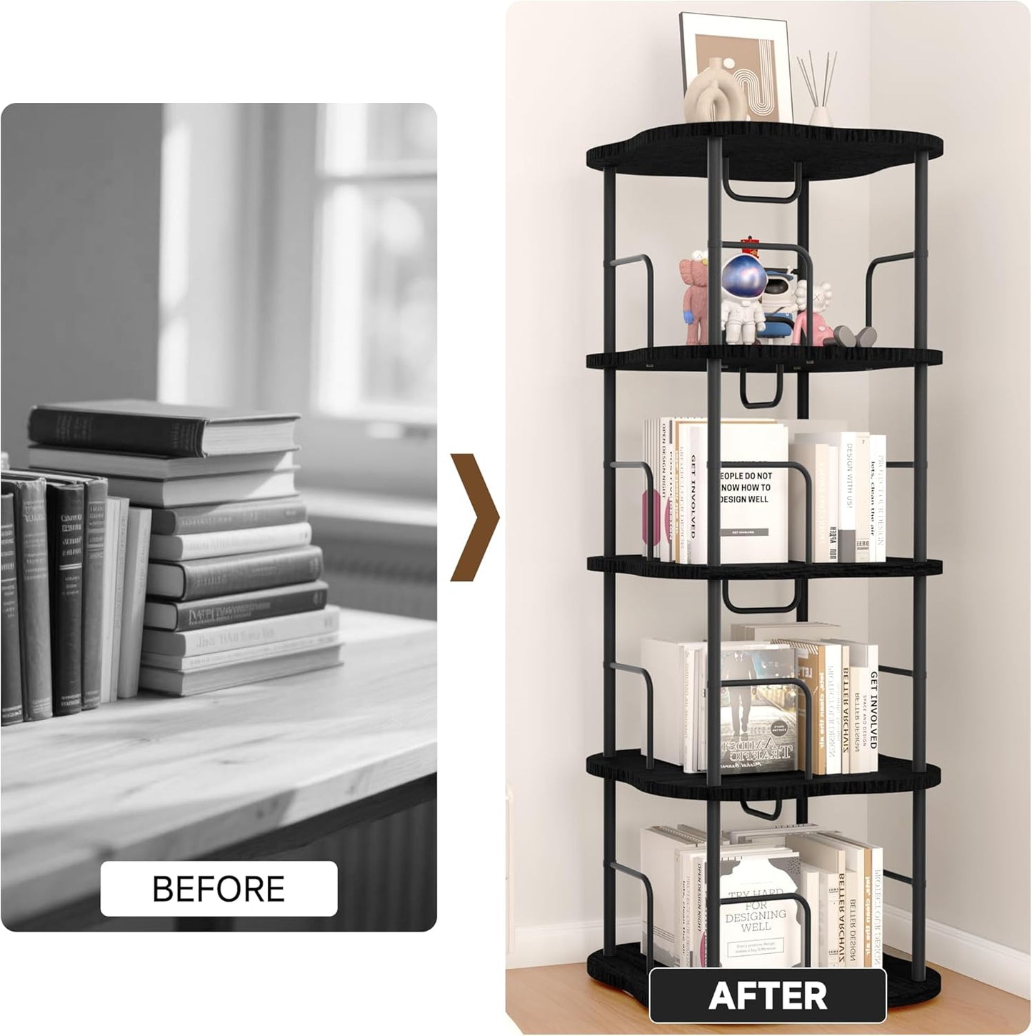 4-Tier Rotating Book Shelf, 360° Display Spinning Bookshelf Tower, Book Organizer, Floor Standing Bookcases for Small Space, Corner Book Shelf for Bedroom, Living Room, Study Room (Black)