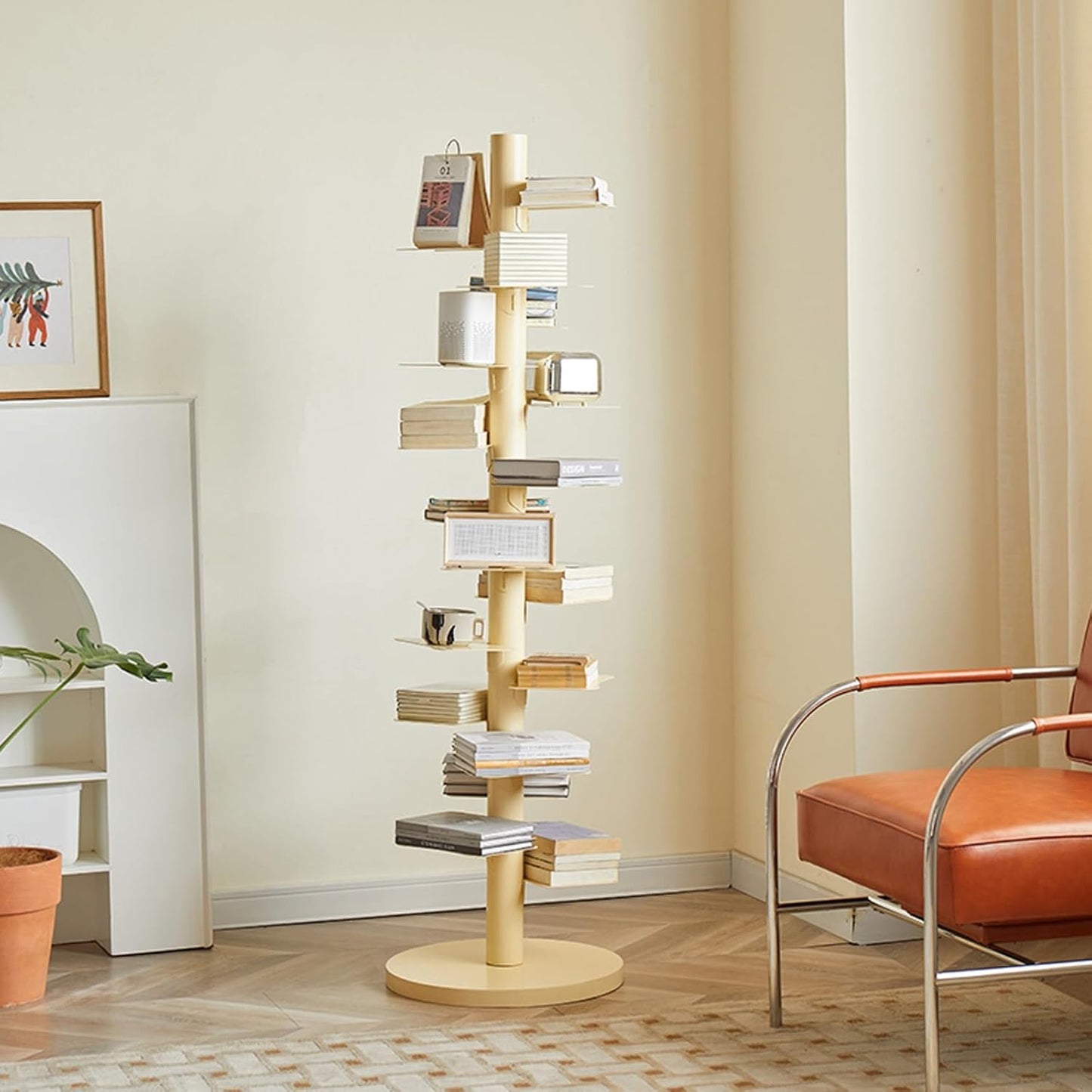 Multipurpose Display Book Shelf ，Floor-to-Ceiling Simple Narrow Invisible Bookshelf ，Multipurpose Corner Bookshelf, Metal Book Tower for Small Spaces ，Metal Bookshelf – Vertical Book Tower(Red and whi