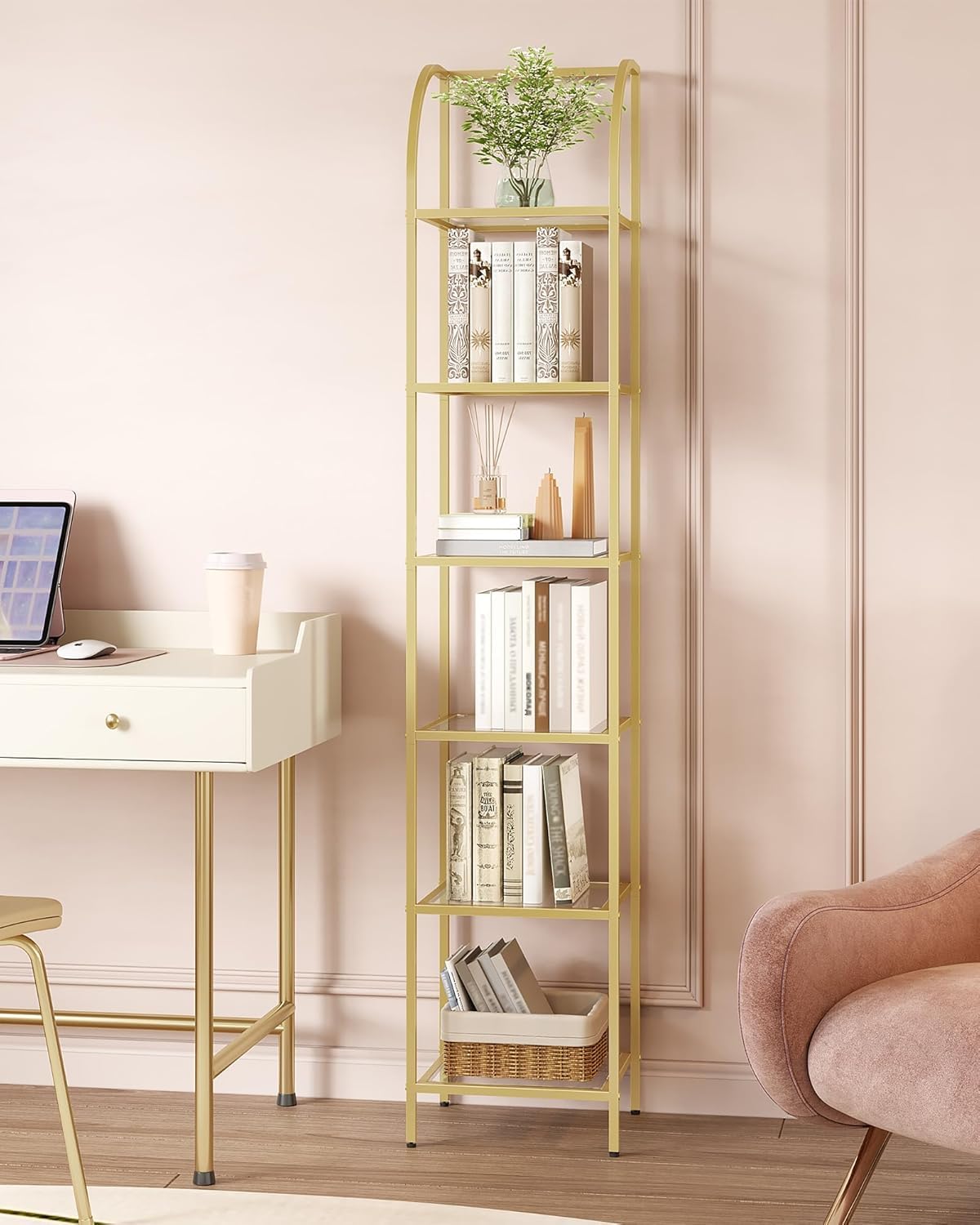 Bookcase Bookshelf, Tempered Glass Arched Bookshelf for More Storage, Slim Shelving Unit for Bedroom, Bathroom, Home Office, Steel Frame, 6 Tier Gold BC20699G
