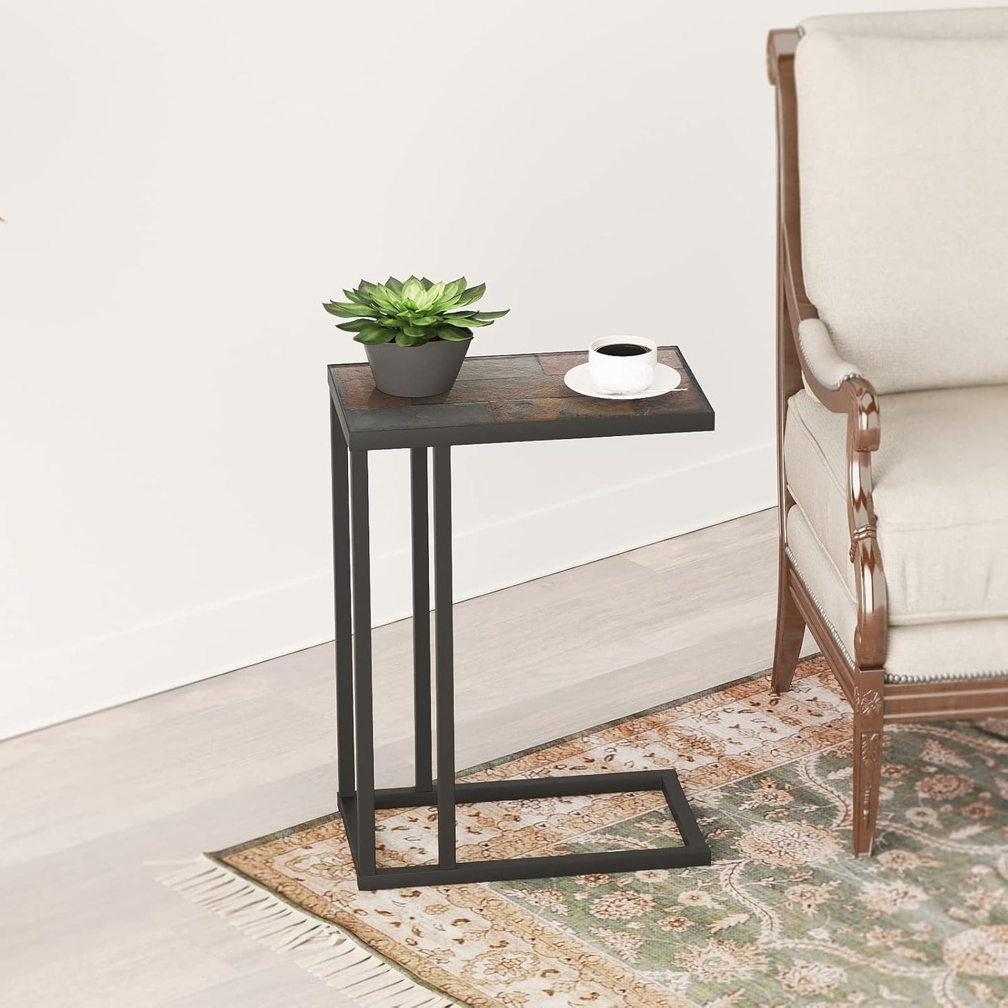 Zhongma Couch Tray Table,C-Shap End Table with Slate Table Top, Solid Real Stone, Side Table,Accent Table for Small Spaces