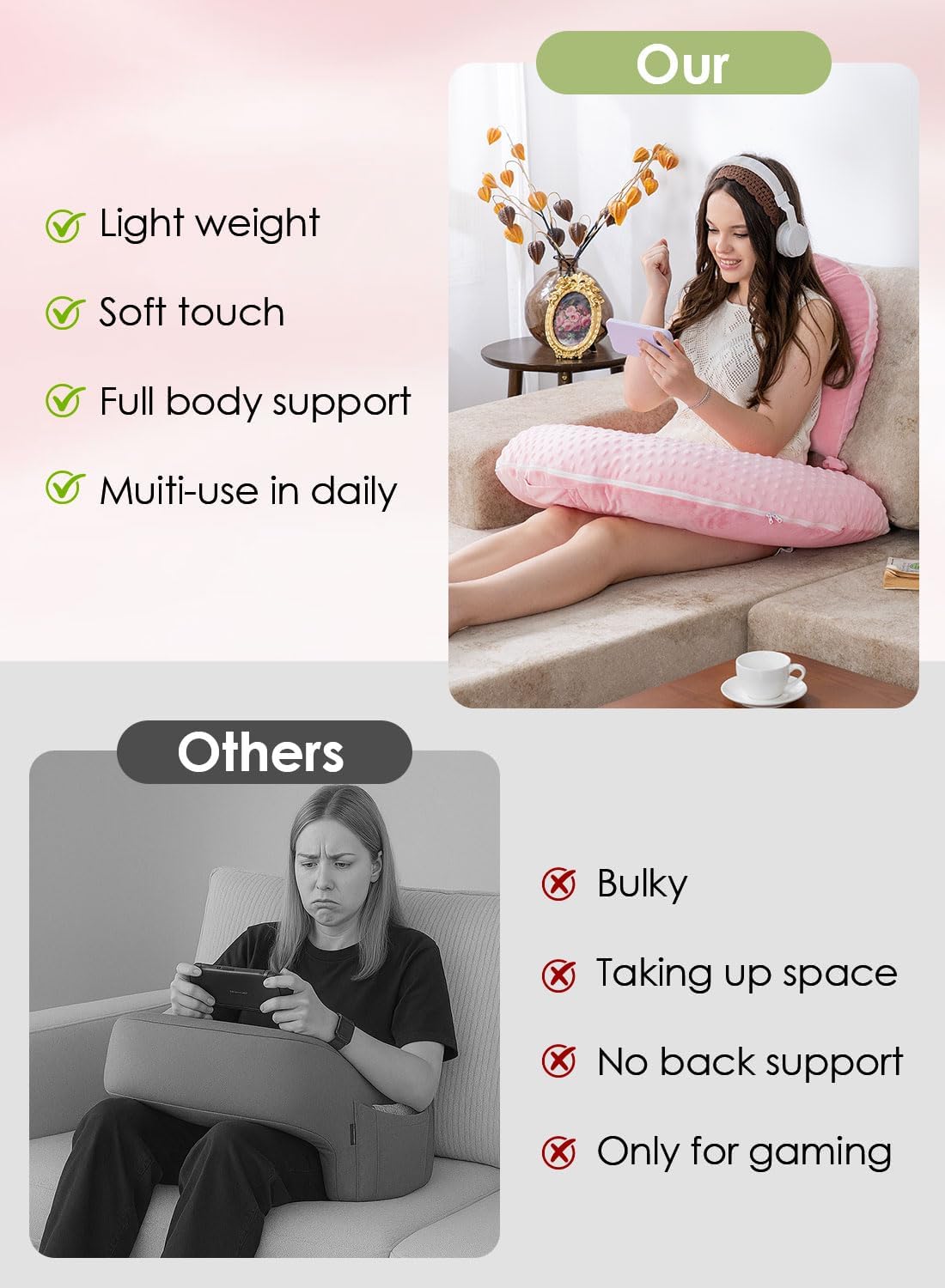 INSEN Reading Pillow with Back Support, Sit Up Bed Pillow for Reading, Nursing & Relaxation, for Adults, Moms and Kids, Pink Bubble Velvet