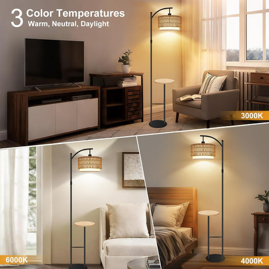 Arc Floor Lamp with Table, Boho Rattan Floor Lamps for Living Room with Remote Dimmable 3 Color Temperature, Wicker Standing Lamp Double Lampshades,Rustic Tall Lamps for Bedroom Office Corner