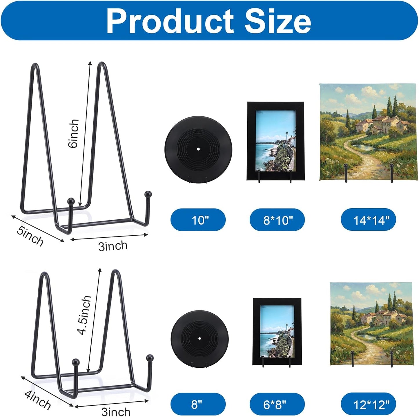 16 Pack Plate Stands for Display, Metal Picture Frame Holders & Easel Stands for Books, Photos, Decorative Plates, and Art - 4" & 6" Sizes, Black (8 of Each)