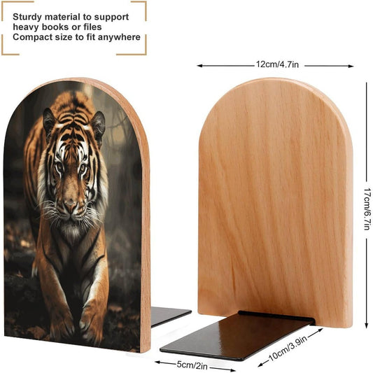 Wild Animals Tiger Bookend for Shelves Wooden Book End Large Size Sturdy Book Holders Stoppers with Metal Base for Bookshelves Slick Decorative Bookends Stands