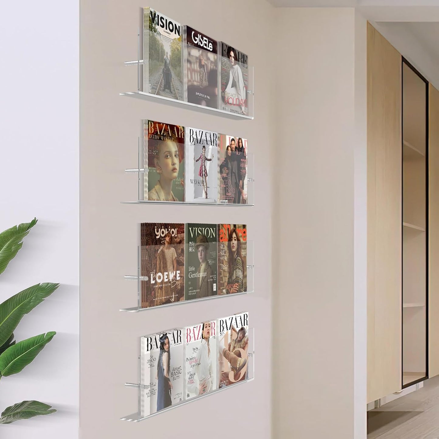 DuvinDD 2 Pack Acrylic Magazine Holder Rack Brochure Holder Wall Mount 24 inch Clear Hanging Magazine Rack Floating Bookshelf for Literature Pamphlet Organizer for Room Office, with Mounting Kit