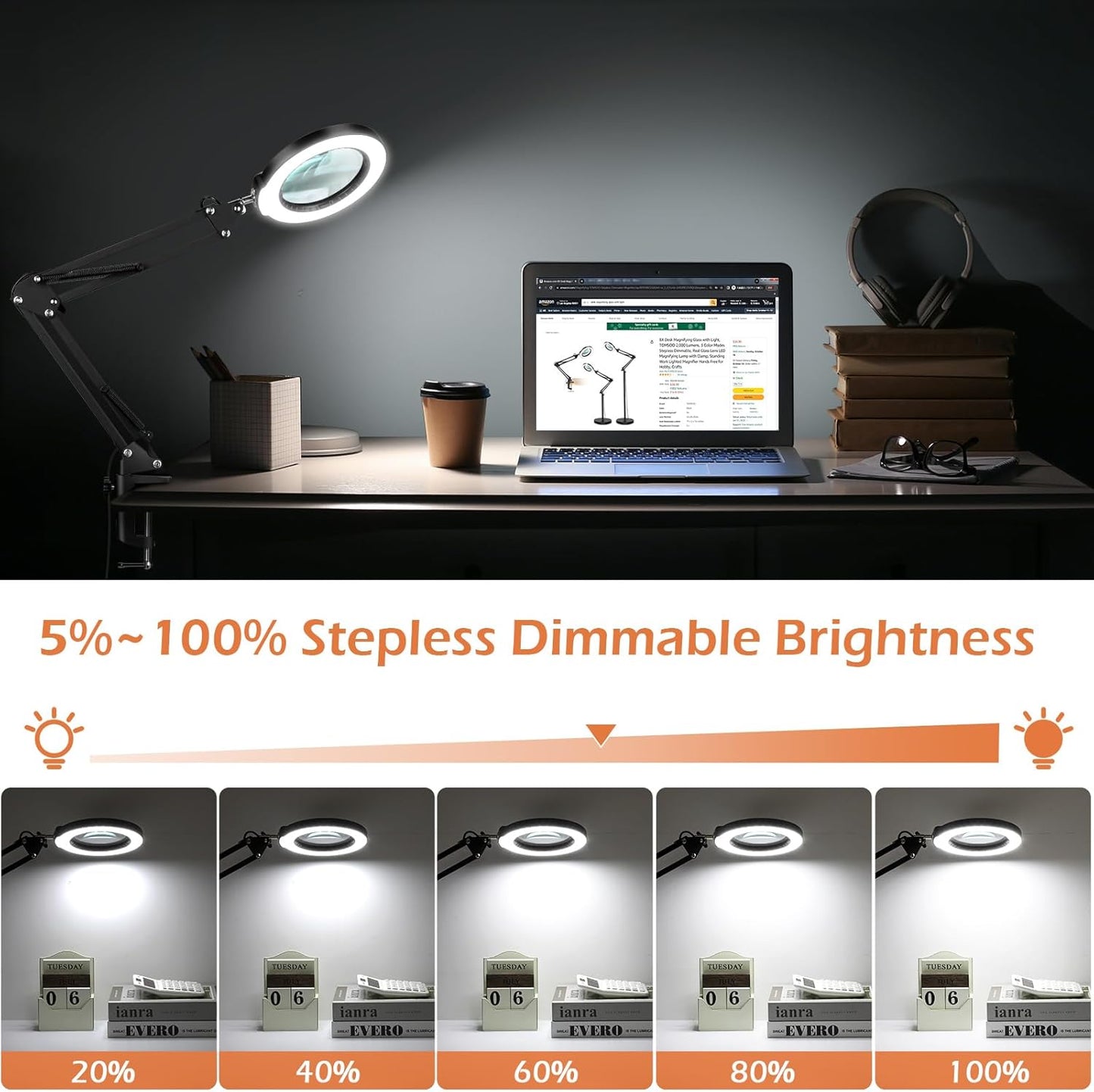 Real Glass Magnifying Glass with Light and Stand, LED 5 Color Modes, Stepless Dimmable Magnifying Floor Lamp, 3-in-1 Adjustable Swing Arm Lighted Magnifier Lamp with Clamp for Reading, Craft, Esthetic
