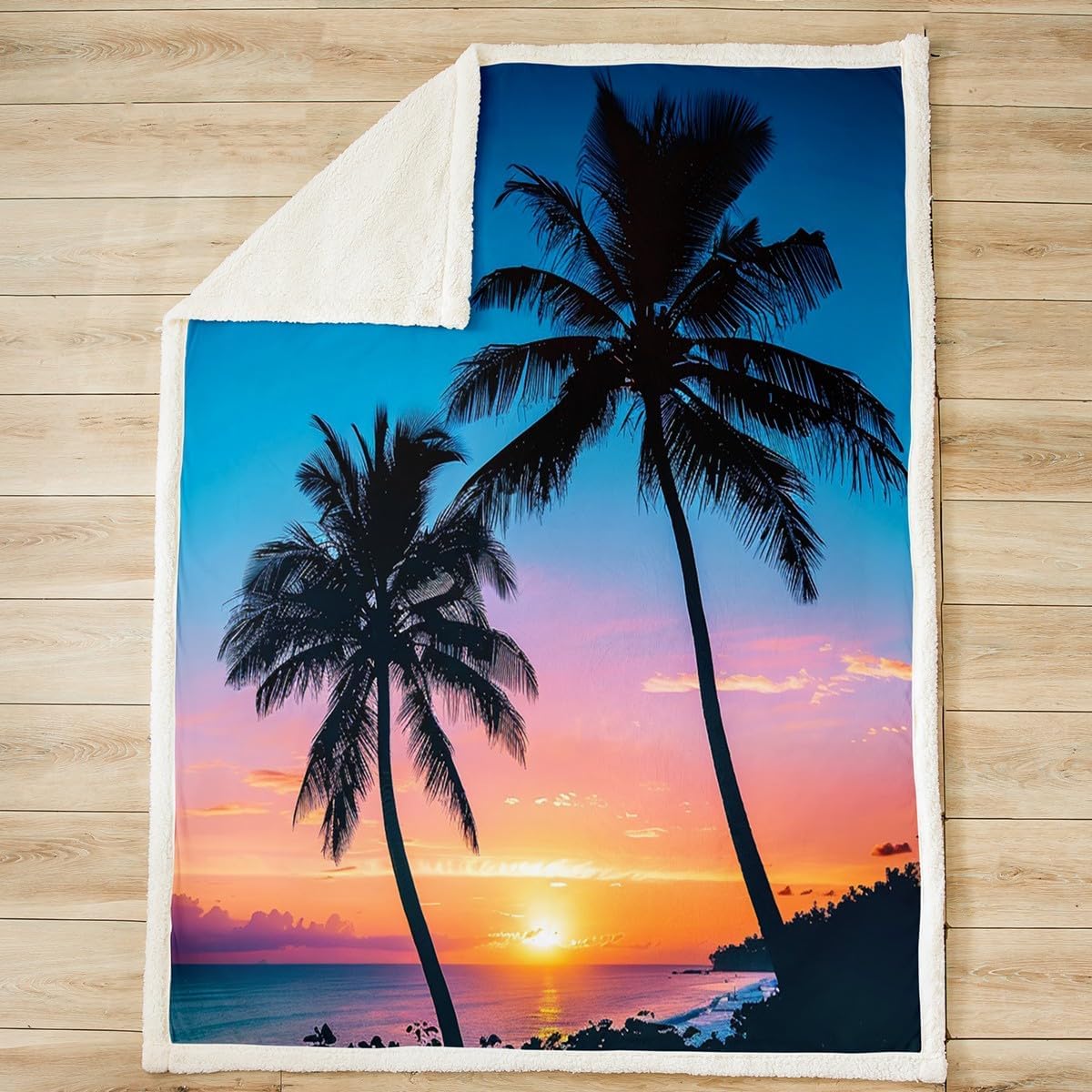 Feelyou Palm Tree Print Sherpa Blanket Chic Sunset Scenery Fleece Throw Blanket for Sofa Couch Kids Tropical Leaf Pattern Warm Plush Blanket Hawaiian Summer Pattern Room Decor Throw 50"x60"