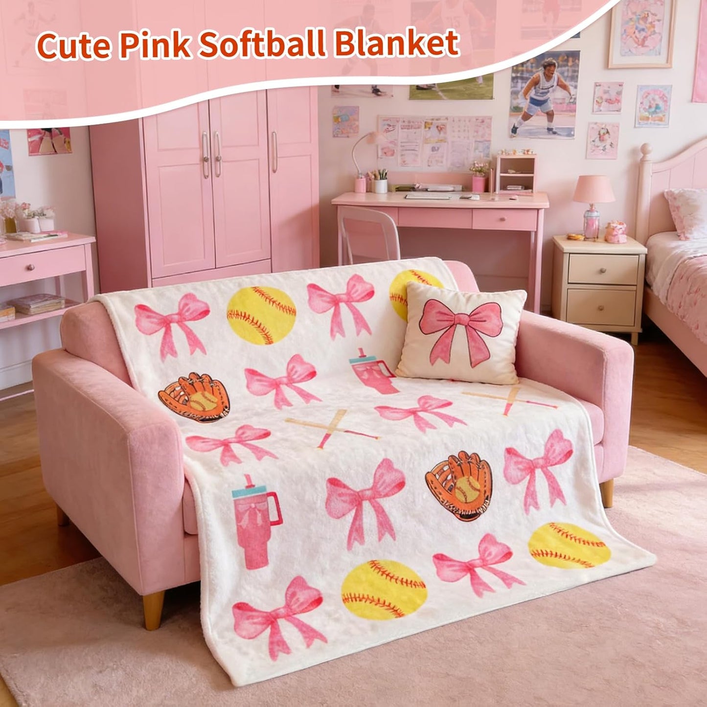Pink Softball Bow Blanket 50x60 Inch Pink Coquette Bow Flannel Throw Blanket Team Gifts for Girls Women, Cozy Fleece Sports Blanket for Couch Bed Game Day Team Coach Senior Night