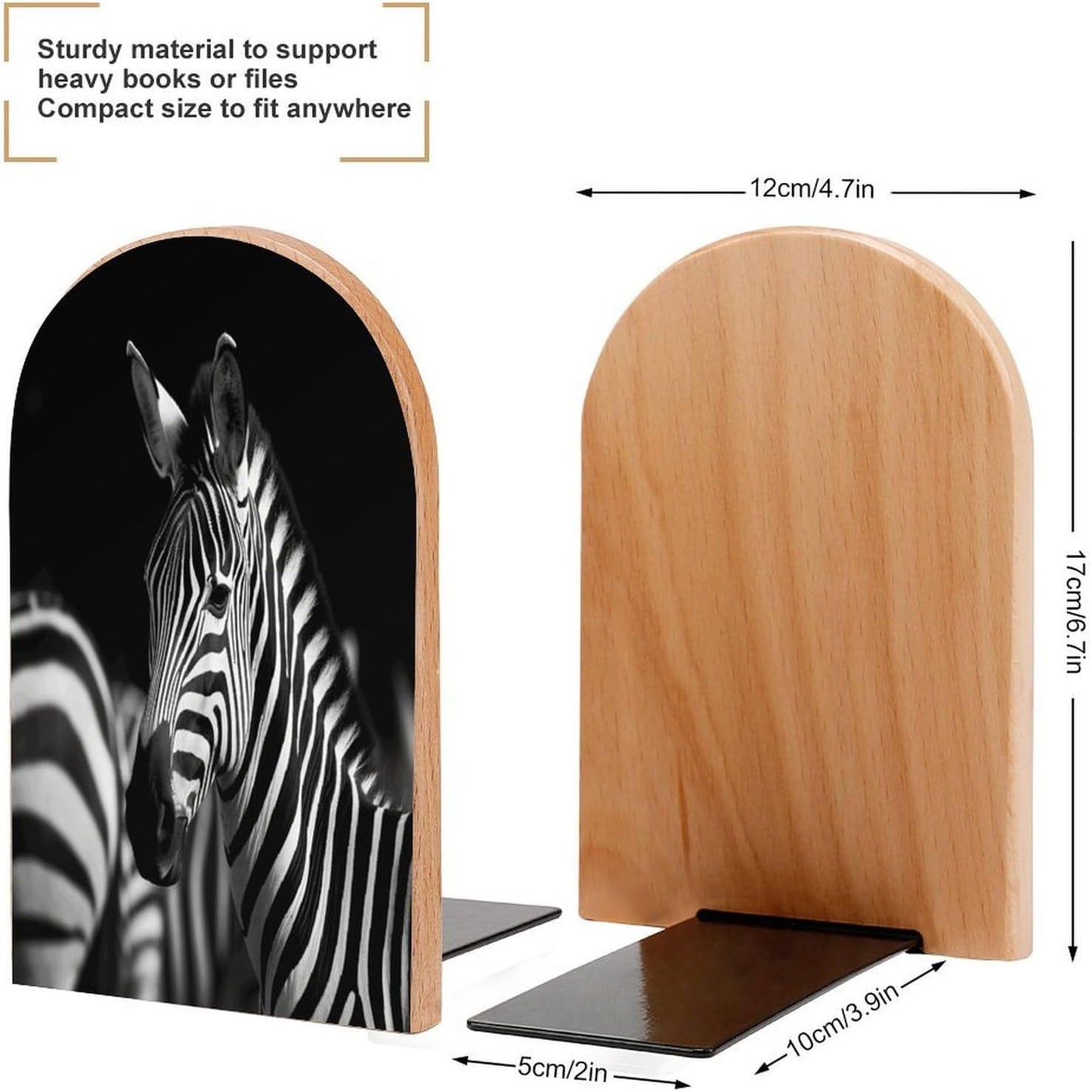Black & White Zebra Bookend for Shelves Wooden Book End Large Size Sturdy Book Holders Stoppers with Metal Base for Bookshelves Slick Decorative Bookends Stands