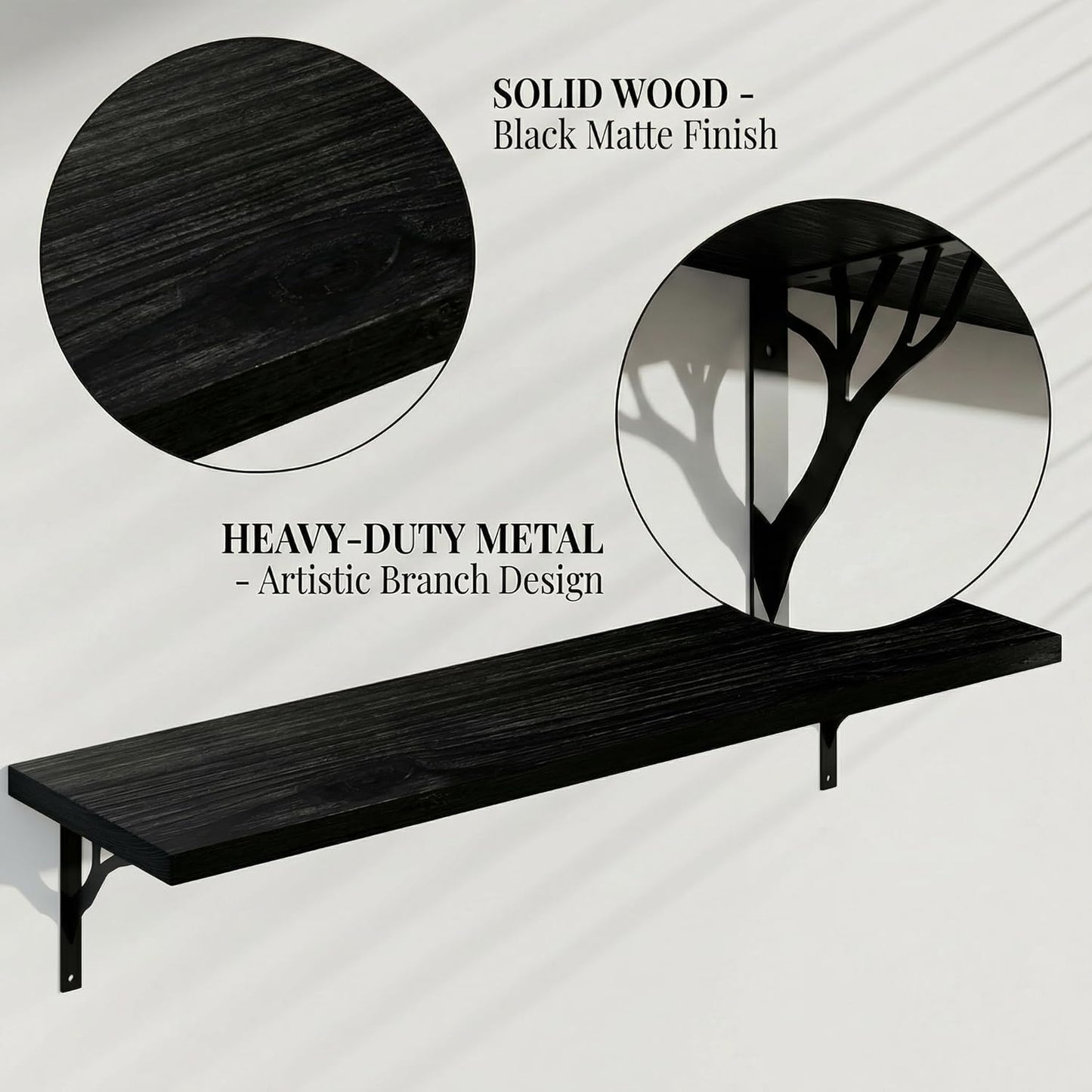48Inch Solid Pine Wood Floating Shelves Set of 2, Black Wood Wall-Mounted Storage Shelves with Heavy-Duty Metal Brackets | Decorative Hanging Book Shelf for Living Room,Bedroom,Bathroom,Kitchen