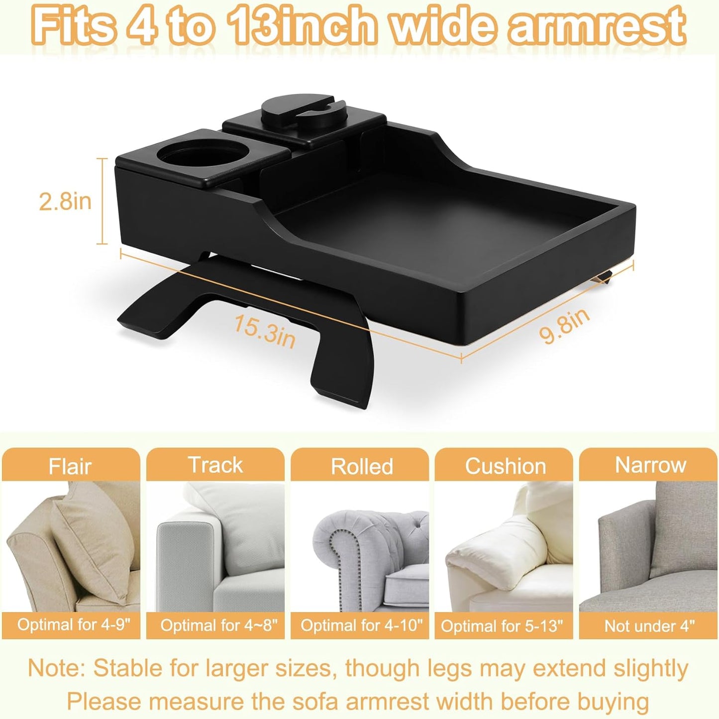 Sofa Arm Tray Table, 4-in-1 Large Couch Armrest Table with Cup Holder & Rotating Phone Bracket, 15.3" x 9.8" Clip-on Couch Tray, for Snacks/Remote Control/Coffee Cup/Mobile Phone