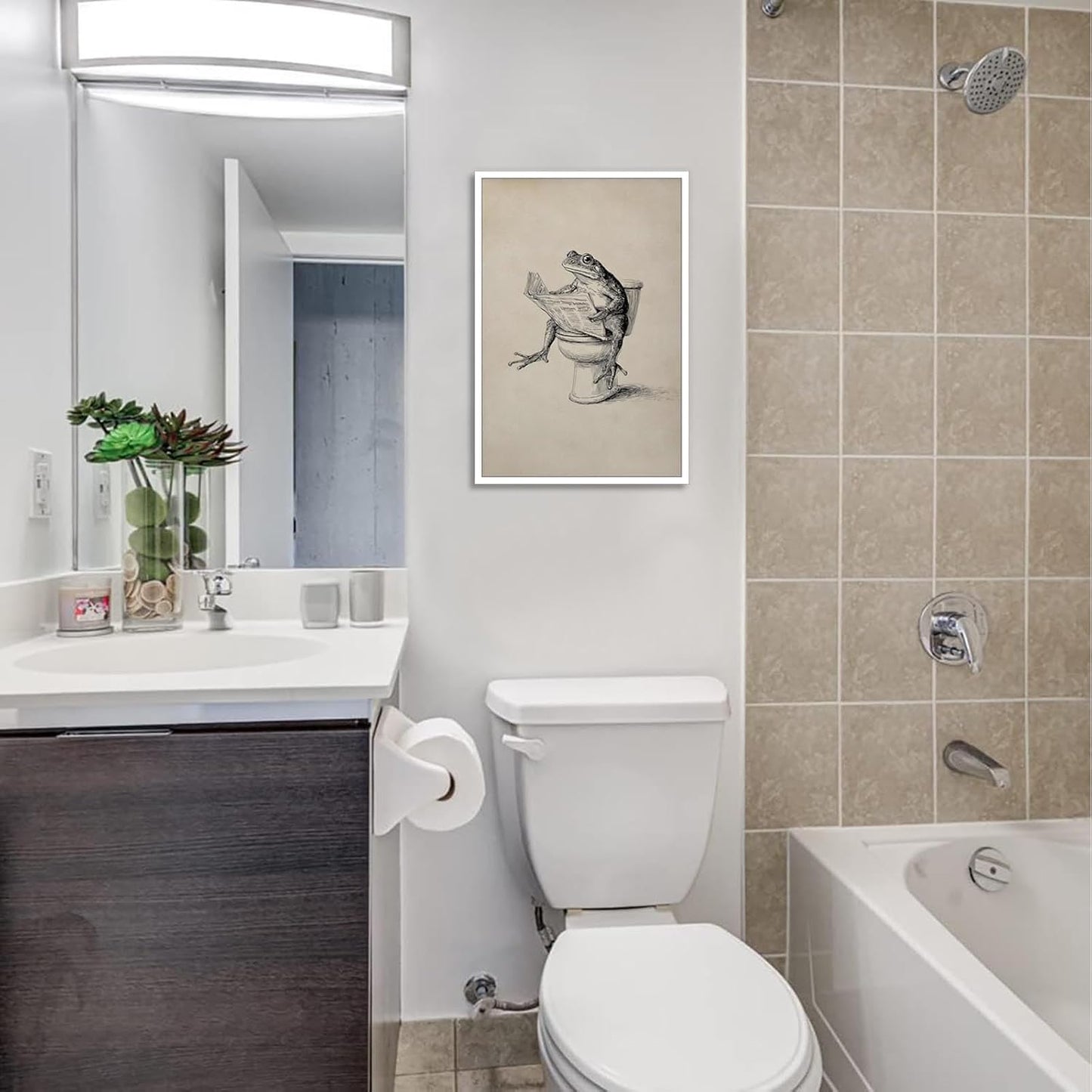 Funny Bathroom Animal Poster Frog Reading Newspaper On Toilet Wall Art Whimsical Quirky Sketch Artwork Aesthetic Prints Painting For Apartment Bathroom Restroom Wall Decor 12x16in Unframed