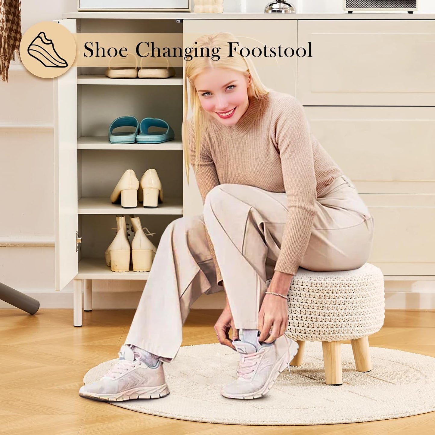 Boho Ottoman Foot Stool Cotton Knitted Round Pouf Ottoman Foot Rest Stool with Non-Skid Wooden Legs Step Stool Padded Seat for Living Room White