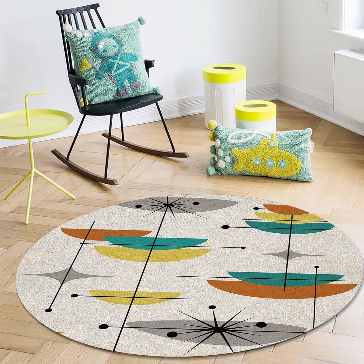Mid Century Round Rug 3ft Abstract Orange Turquoise Yellow Throw Soft Area Rug Low Pile Non Slip Rug Carpet Washable Floor Mat for Living Room, Bedroom, Farmhouse, Office