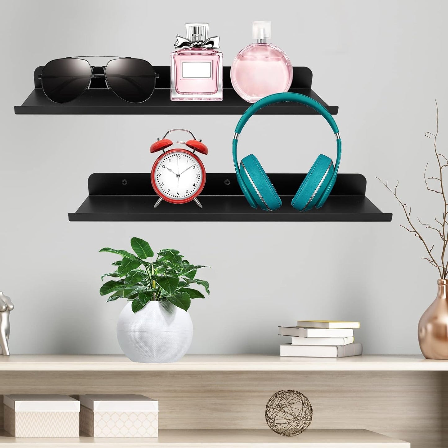 Anxingo Floating Shelves Wall Mounted Bathroom Shelf, Metal Wall Mounted Small Display Shelves, Floating Wall Shelves Shelf Display Storage Wall Mount Home Decor, Matte Black, 2 Pack (16.14" x 3.9")