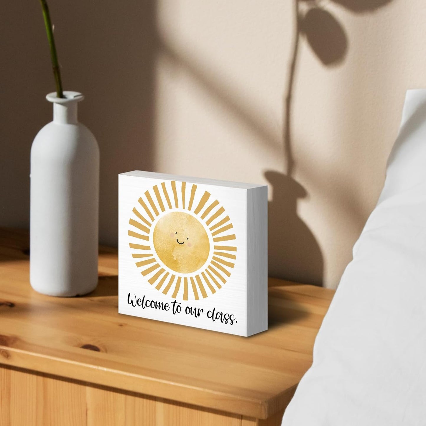 Boho Classroom Sunshine Wood Box Sign Desk Decor 8X8, Pop Smiles Rustic Welcome To Our Calss Wooden Sign Decorations for School Classroom Library Reading Nook Corner Wall Tabletop Shelf Decor