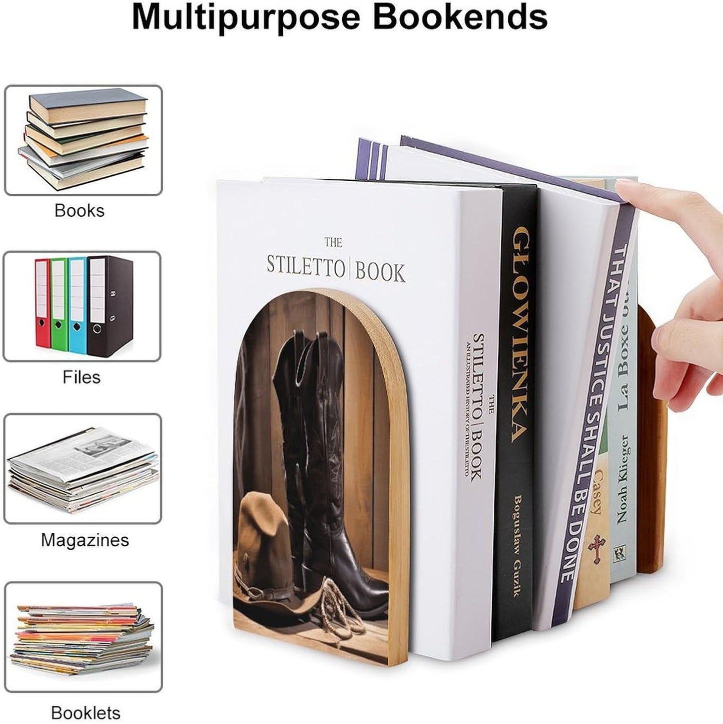Cowboy Black Hat Western Boots Bookend for Shelves Wooden Book End Large Size Sturdy Book Holders Stoppers with Metal Base for Bookshelves Slick Decorative Bookends Stands