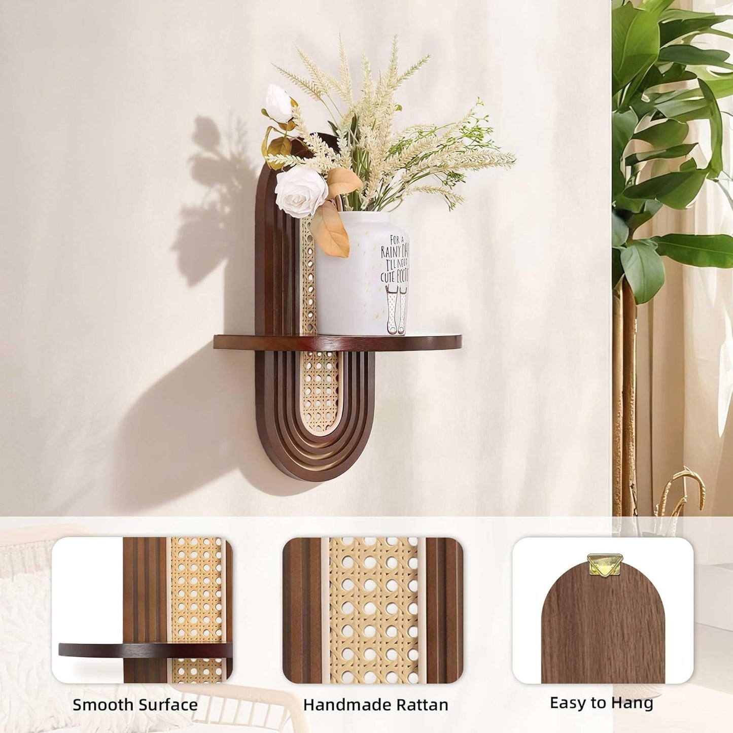 2 Pcs Wooden Arched Floating Shelf, Natural Wood Floating Shelves for Wall, Boho Rattan Wall-Mounted Shelf for Bedroom, Living Room, Nursery and Home Office, Decorative Book and Plant Display
