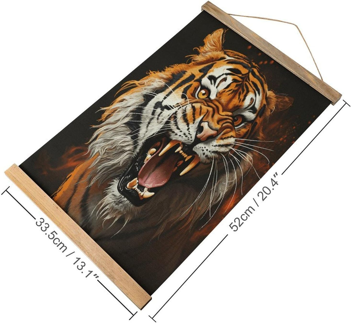 Vintage Roaring Tiger Poster with Wooden Frame Personalized Linen Hanging Scroll Painting Rustic Wall Hanging Illustrative Modern Artwork Decor for Home Living Room Bedroom Office