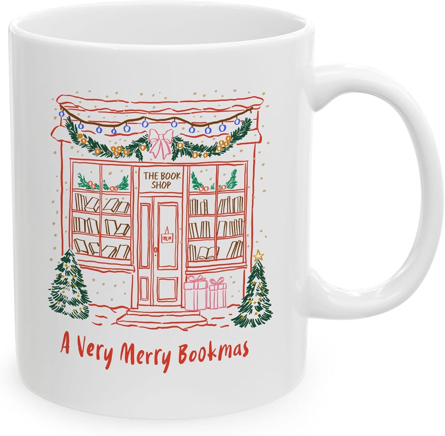 A Very Merry Bookmas Christmas Book Lover Coffee Mugs, Xmas White Ceramic Cups, Holiday Gifts, 11oz 15oz