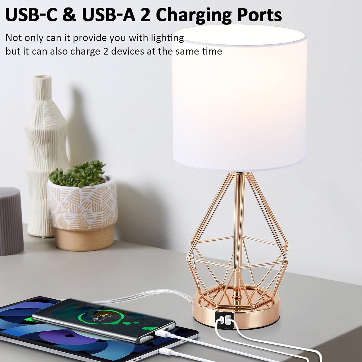 Gold Bedroom Lamps Set of 2, 3 Way Dimmable Touch Table Lamp with USB A+ C Port, Modern Small Lamp for Nightstand with Fabric Shade, Brass Bedside Lamp for Bedroom Living Room, 2 LED Bulbs Included