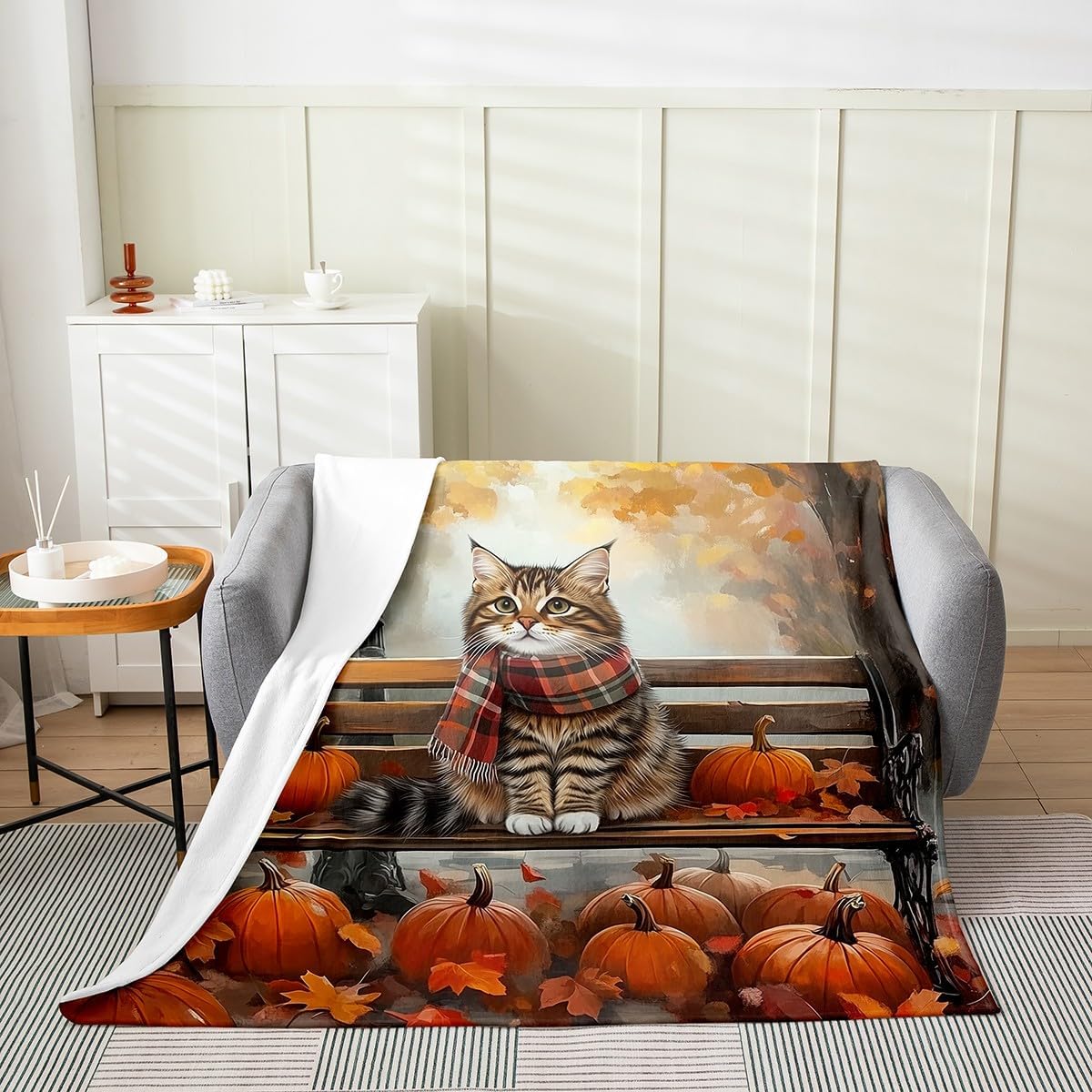 Manfei Hello Fall Flannel Blanket Cute Cat Pumpkins Maple Leaves Throw Blanket Autumn Theme Cozy Throws for Bed Couch Sofa,Kids Boys Girls Room Decor,Soft and Breathable(90 x 90 Inches)
