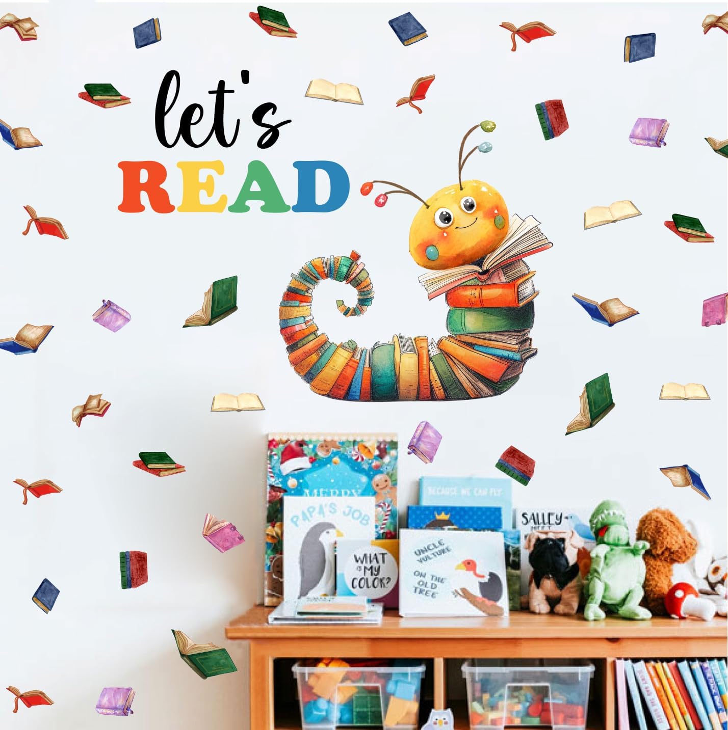 Colorful Book Caterpillar Wall Stickers, Let’s Read Classroom Vinyl Wall Decals, Removable School Reading DIY Wall Art for Kindergarten Preschool Library Decor