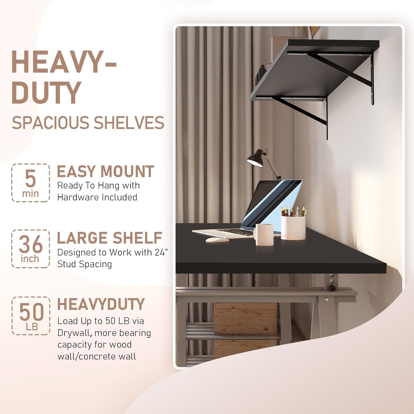 Kaboon 36 inch Long 10 inch Deep Floating Shelves for Wall Set of 2, Large Open Shelves Wall Mounted, Space Saving Home and Commercial Use,Black
