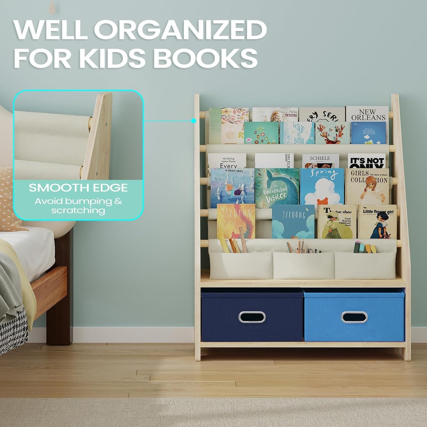4 Tier Kids Book Shelf, Wooden Kids Book Rack Storage Bookshelf with Toy Storage Organizer, Toddler Sling Bookshelf for Boys, Girls, Kids Room, Blue