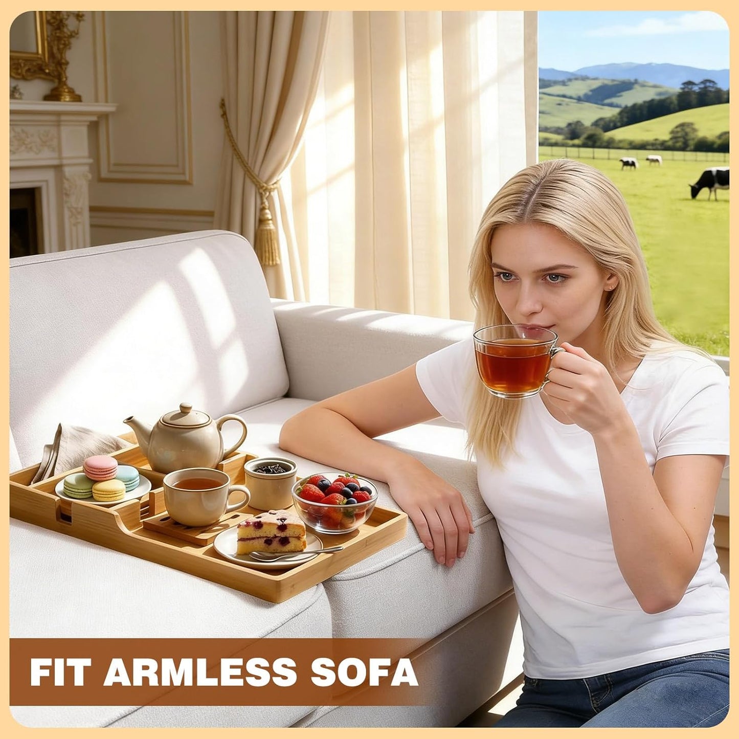 Couch Tray Insert for Middle, Bamboo 15.4″x9.7″ Sofa Cup Holder Between Cushions, 2-in-1 Fold-Flat Couch Arm Tray Table, Fits Armless Couch Sectional, Drink Snack Remote Organizer