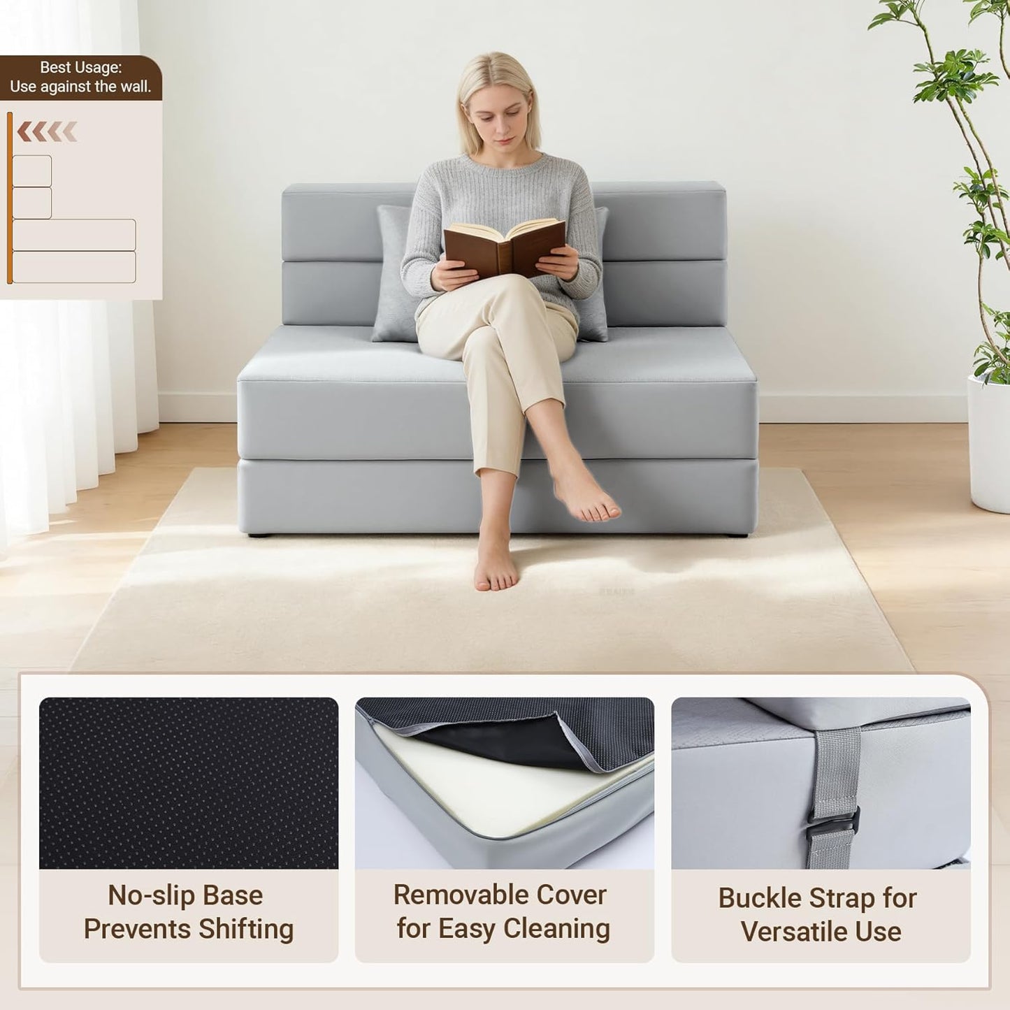 BeBen Folding Sofa Bed, Boneless Foldable Chair Bed, Convertible Futon Sleeper Chair Couch, Twin Lazy Floor Lounger Sofa Couch for Small Spaces, Dorm, Guest Room, Living Room, Apartment, Grey