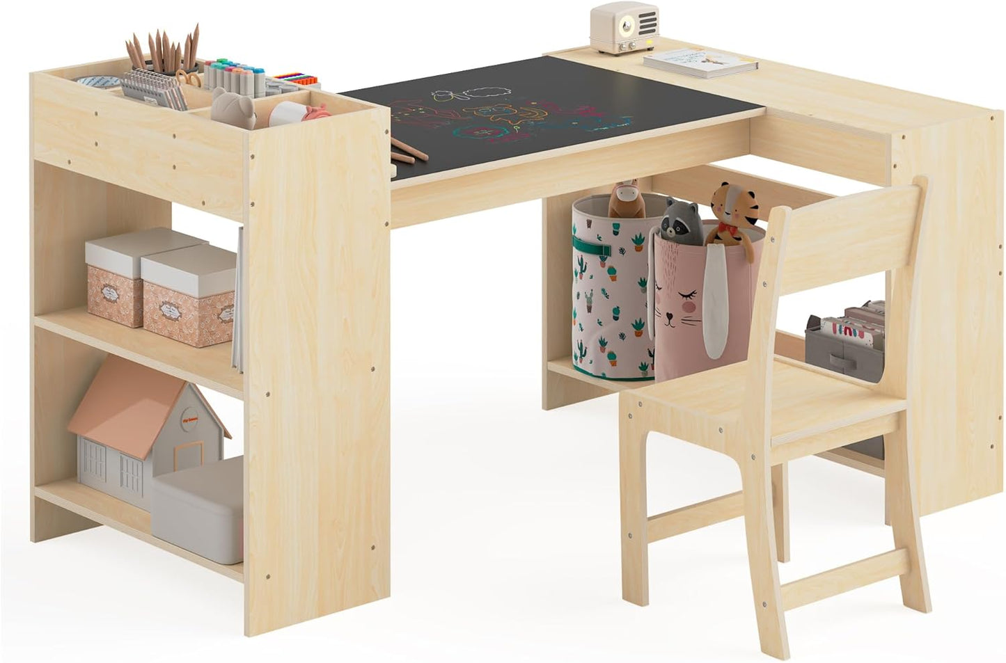 Kids Art Table and 1 Chairs Set, Kids Craft Table with Storage,Wooden Set for Toddlers, Activity Desk for Children Painting, Reading, Learning