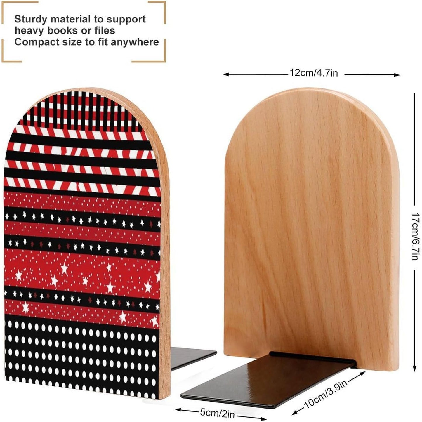 Striped Polka Dot Stars Wooden Bookend Non-Slip Book Ends Heavy Duty Book Stopper with Metal Base Books Holderd Decorative Bookends Stands Firmly for Office Supplies