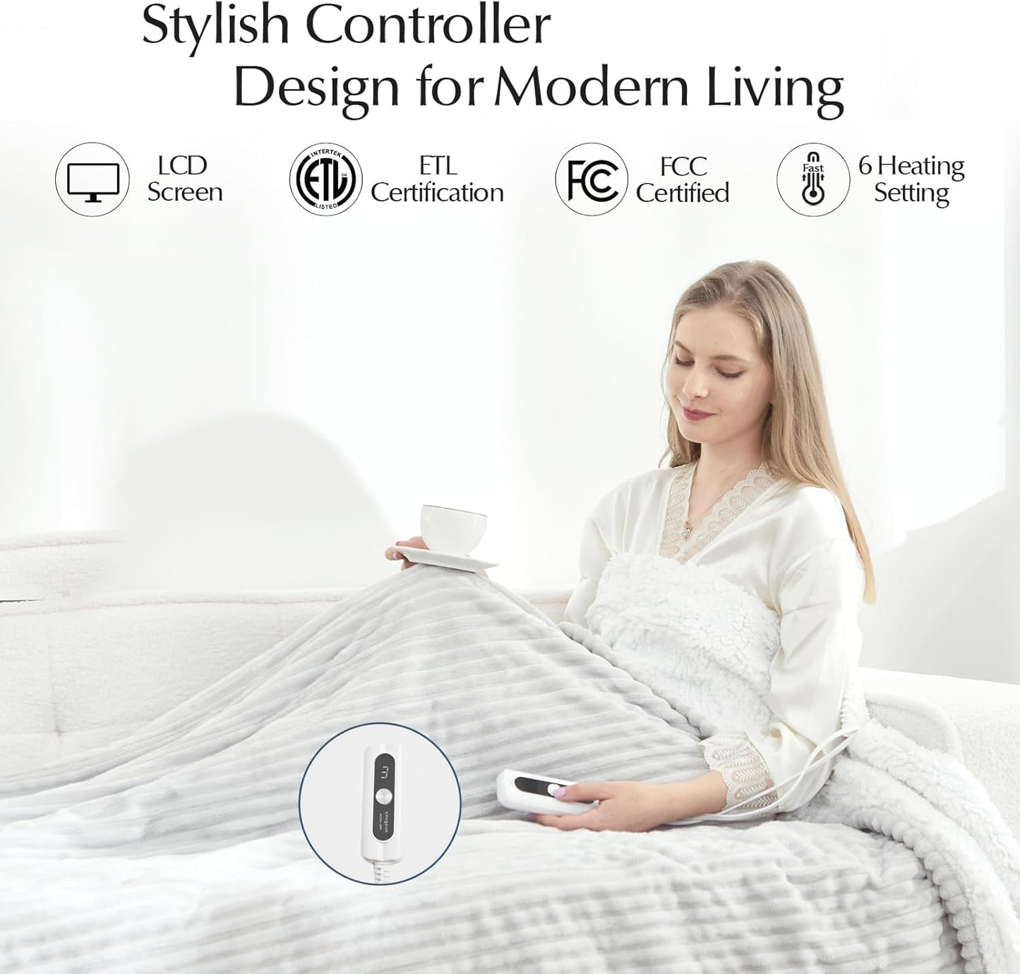 Electric Heated Blanket Twin Size, Soft and Cozy Thickened Stripe Flannel and Sherpa Electric Blanket for Bed, Automatic Safety System 6 Heating Levels & 10 Hours Auto-Off, 62"x84" Light Grey