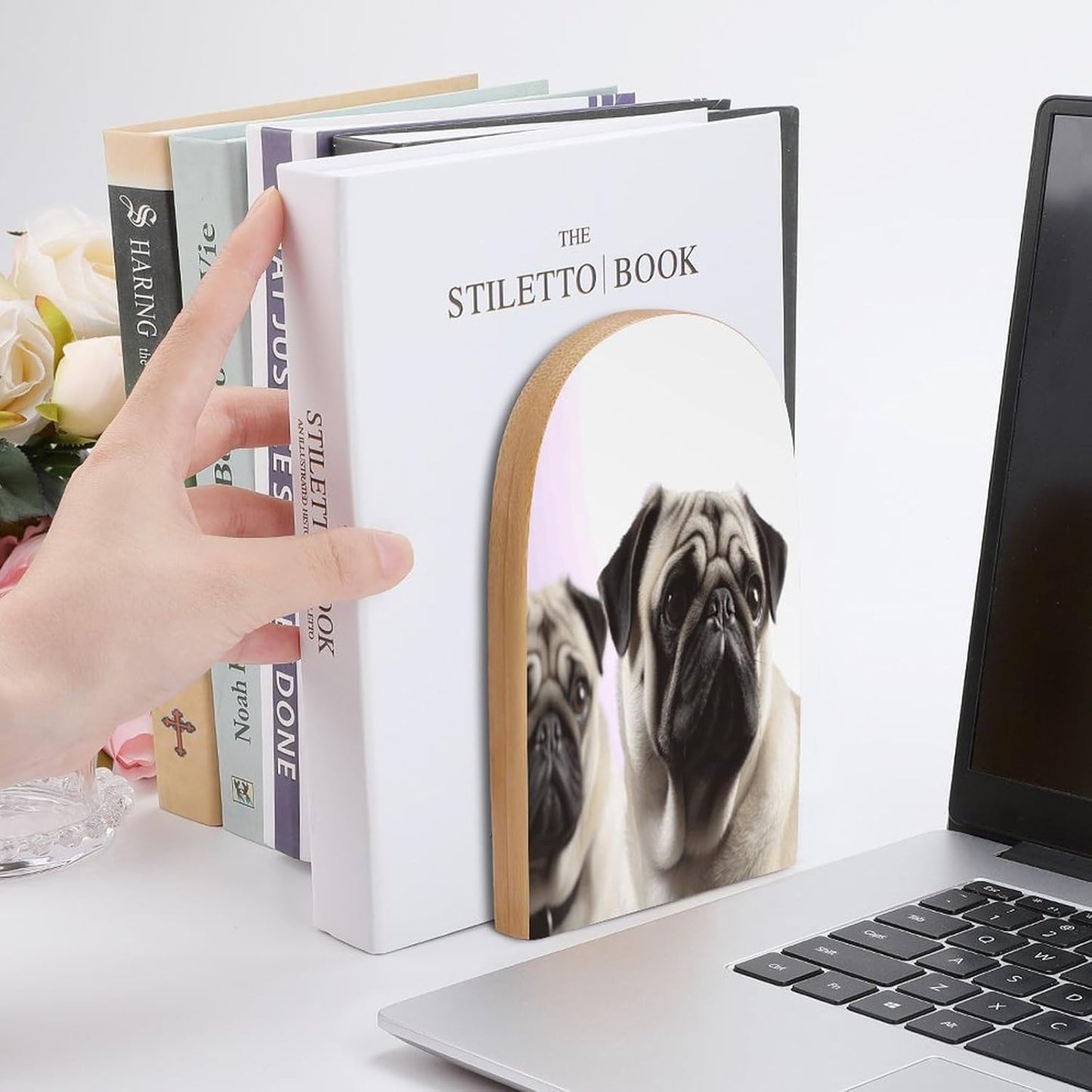 Pug Dog Bookend for Shelves Wooden Book End Large Size Sturdy Book Holders Stoppers with Metal Base for Bookshelves Slick Decorative Bookends Stands