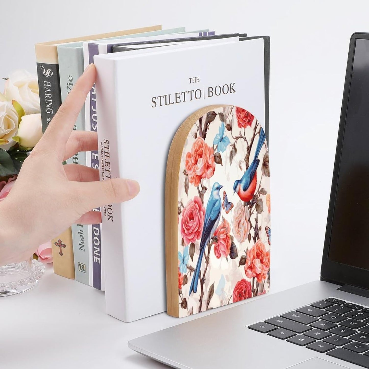 Romantic Fancy Floral Birds Butterfly Wooden Bookend Non-Slip Book Ends Heavy Duty Book Stopper with Metal Base Books Holderd Decorative Bookends Stands Firmly for Office Supplies