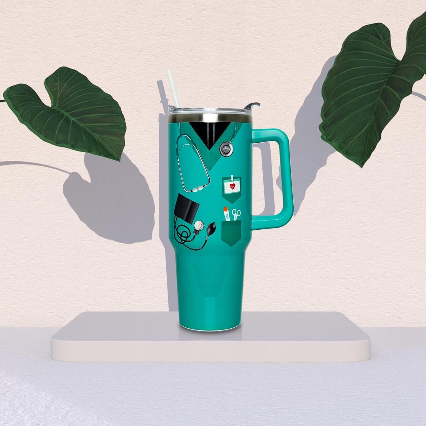 Nurse Cup Gifts for Women Men, 40 Oz Tumbler with Handle and Straw, Nursing Practitioner Appreciation Graduation Nurse Week Teal Insulated Stainless Steel Water Bottle 1PC