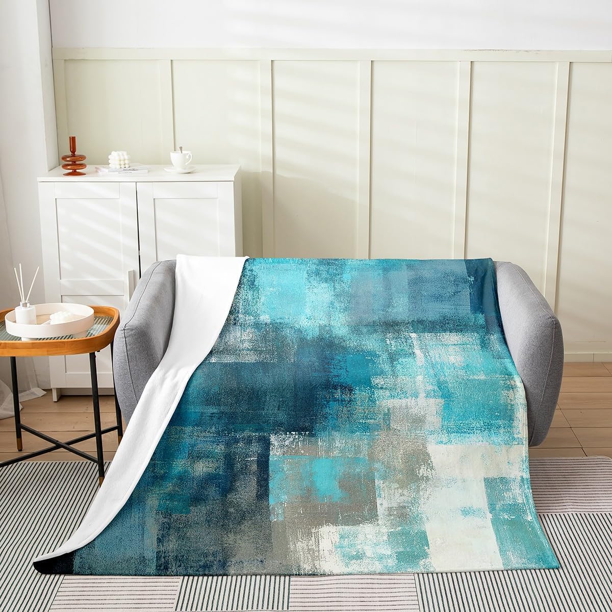 Erosebridal Turquoise and Grey Blanket for Youth Adult,Grunge Teal Ombre Throw Blanket All Season,Vintage Watercolor Artwork Fleece Blanket Bedroom Decor,Contemporary Flannel Blanket,Throw 50x60