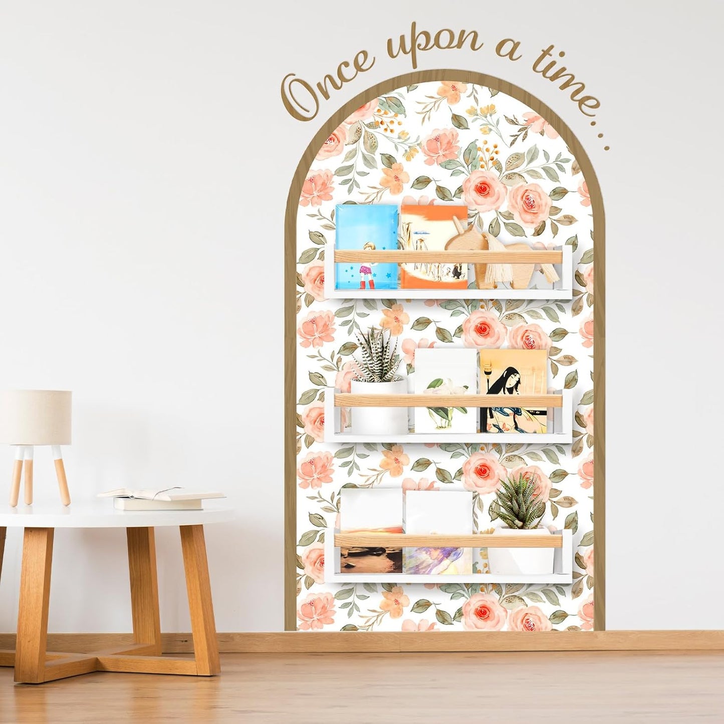 Pinkunn Flower Arch Wall Decals with Wooden Book Shelves Once Upon a Time Sign Decals Peel Bedroom Reading Corner Decor Hanging Decor for Family Wall Bookshelf Bedroom Living Room