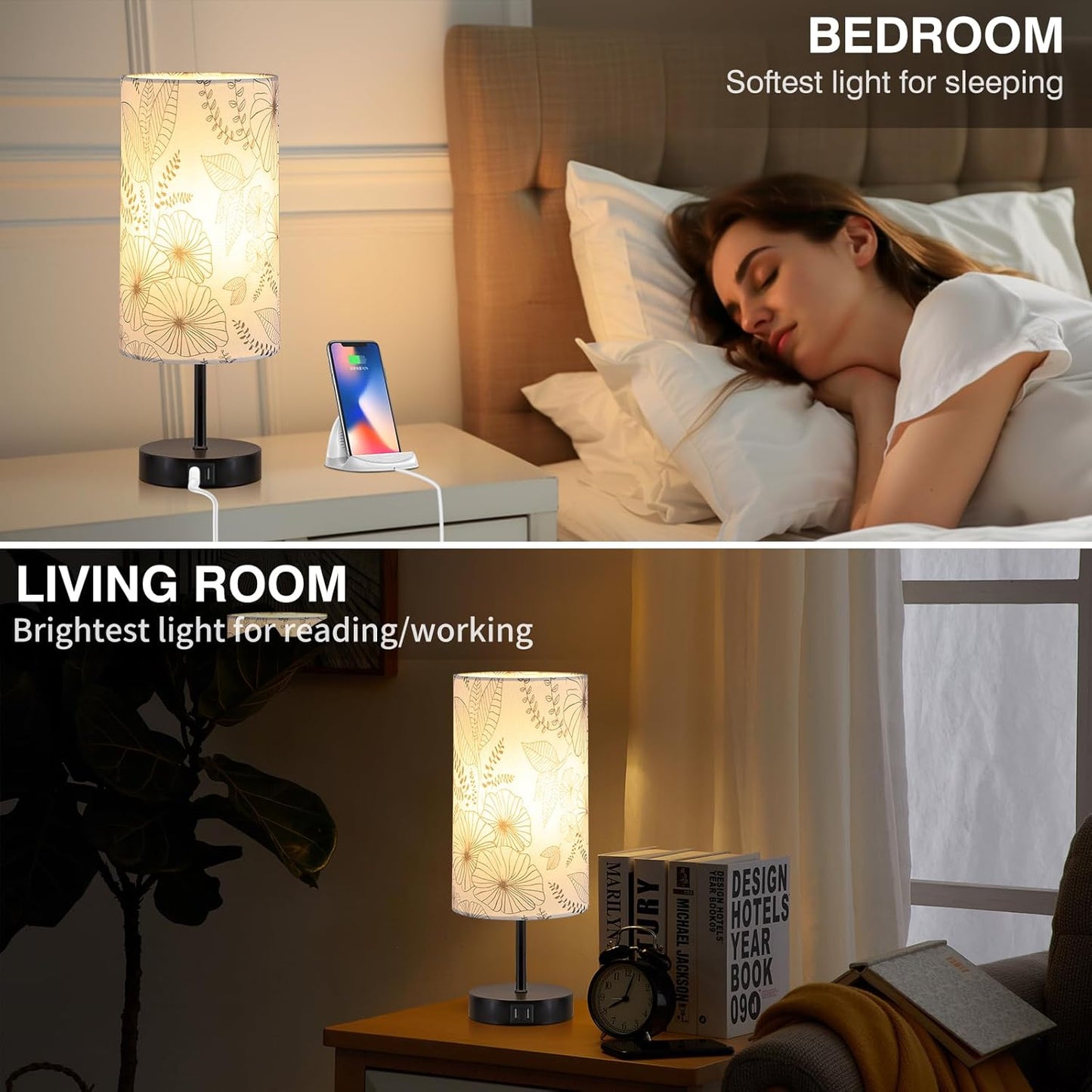 Bedside Touch Lamp with 2 USB Ports, Modern 3 Way Dimmable Small Lamp with Flower Fabric Shade, Nightstand Lamp for Living Room Bedroom Office End Table Dorm Room Kids Reading(E26 LED Bulb Included)